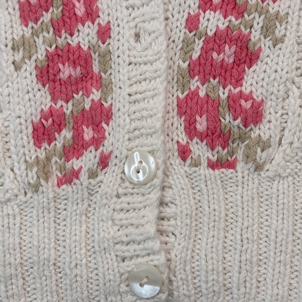Vintage Cottage-core 80’s White Pink Floral Hand Knit Granny Cardigan Sweater - Picture 5 of 10